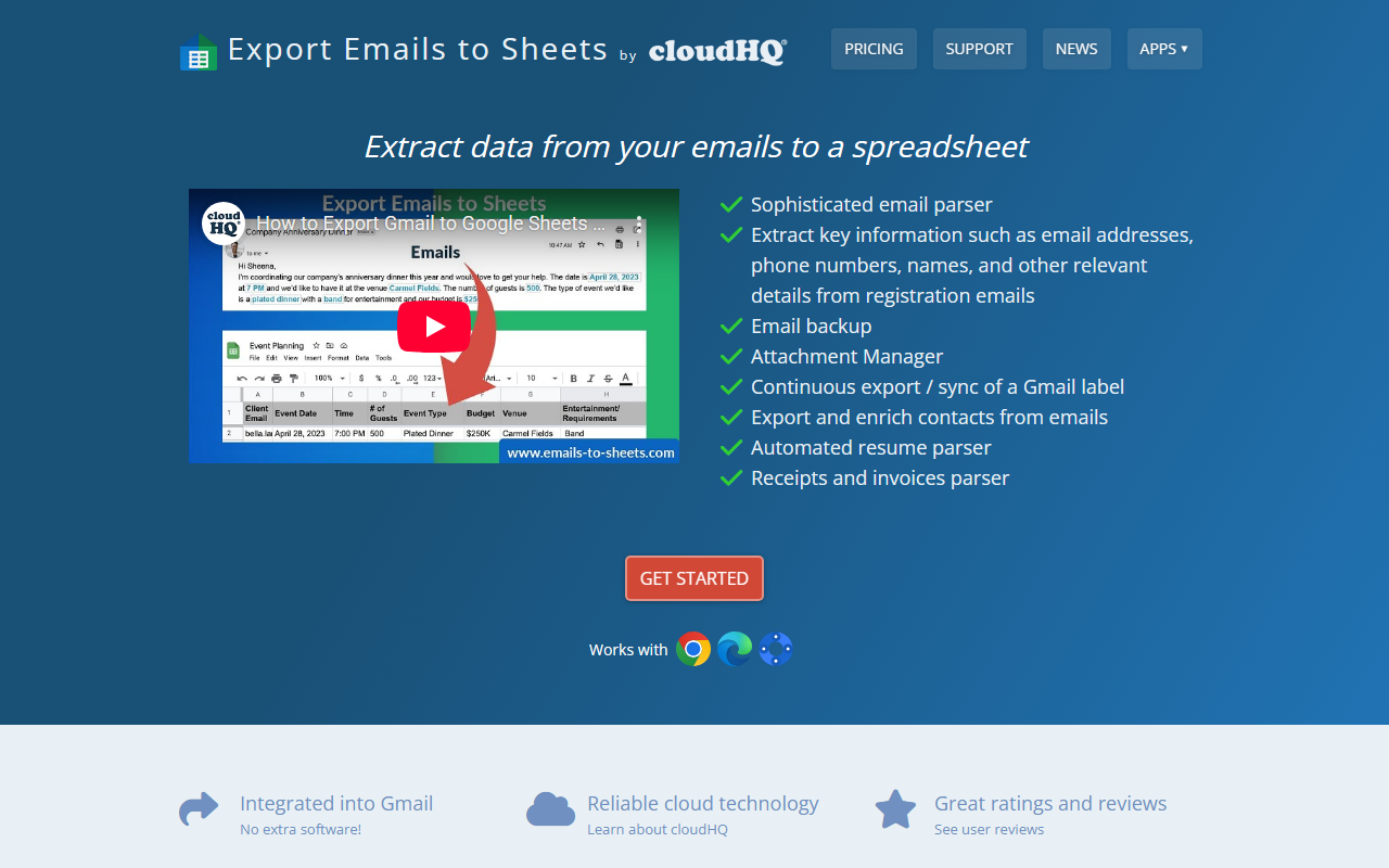 Emails to Sheets screenshot